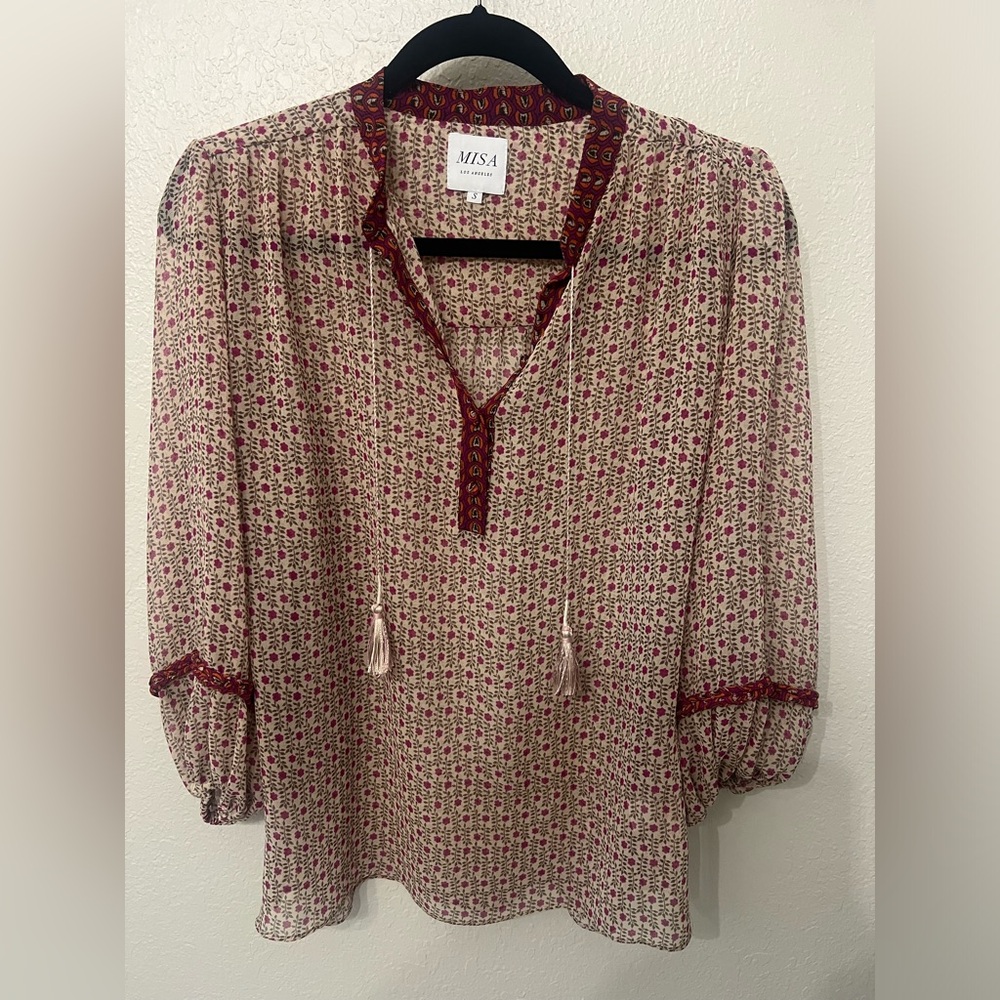 MISA Peasant Sheer Boho Blouse with Tassel Ties